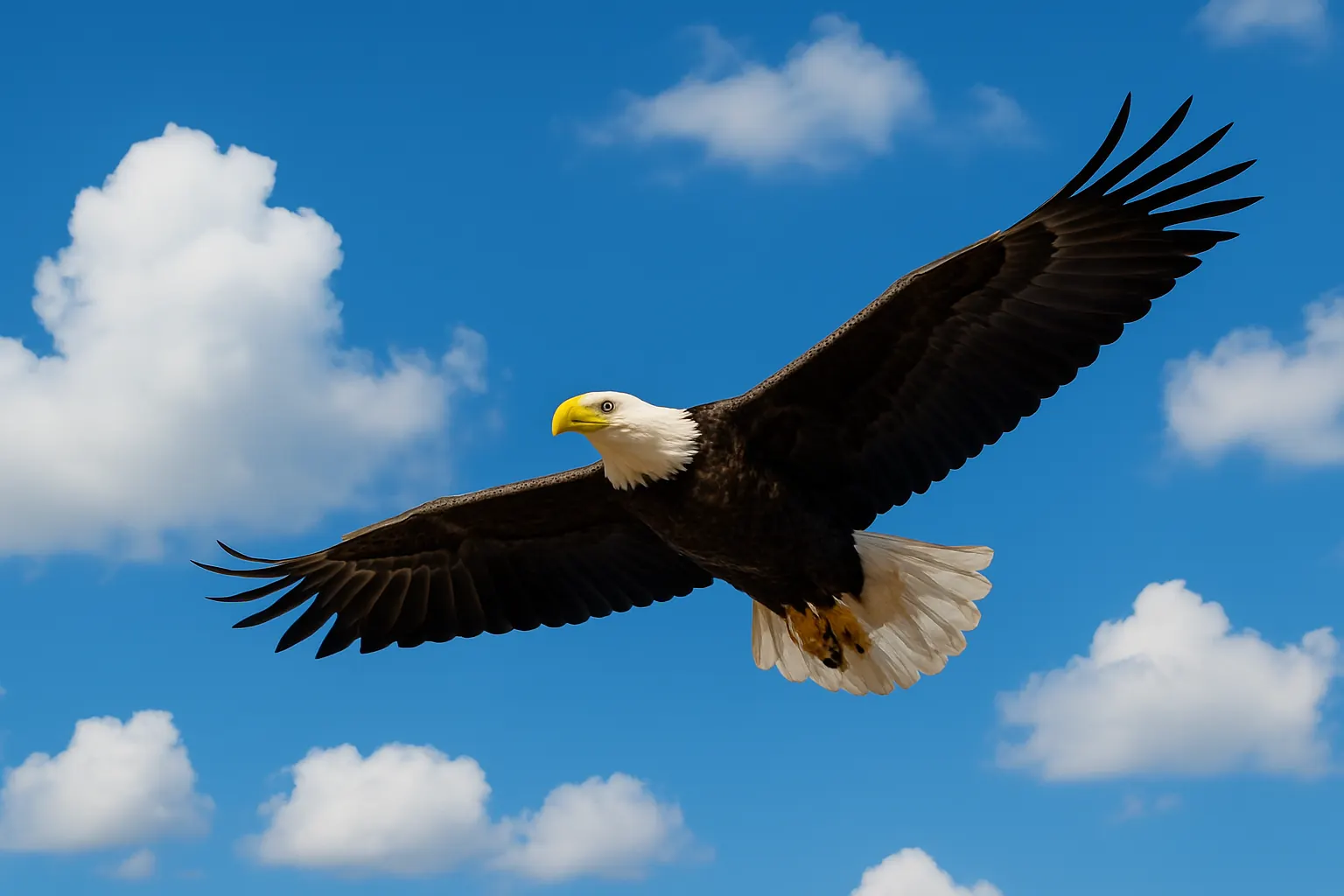 An eagle soaring through a blue sky with white clouds