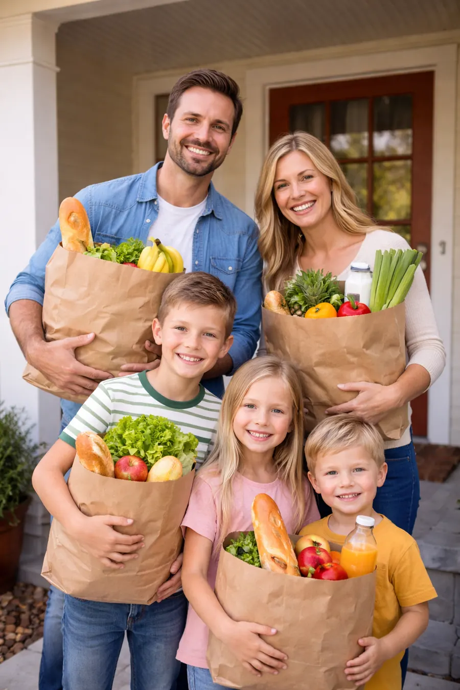 A family holding grocery bags filled with fresh food