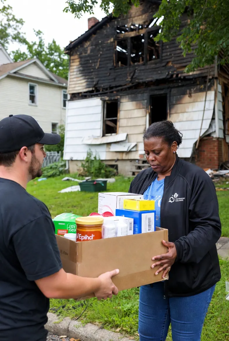 A volunteer delivering a box of supplies to a woman whose home was damaged by fire
